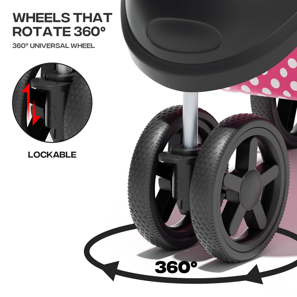 Pink Dog Stroller for Medium Dogs 30 lbs Pet Stroller for Small Dogs Cat Strollers for 2 Cats, 3 Wheels Foldable Jogger Puppy Stroller with Storage Basket and Cup Holder, Pink Polka Dots
