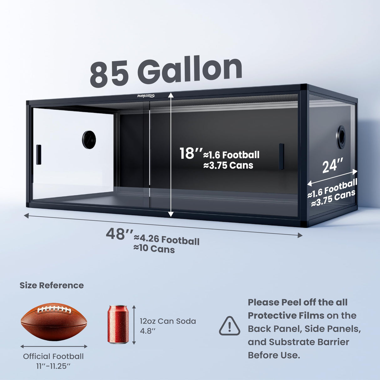Phailozoo 85 Gallon Reptile Tank, Front Opening Snake Tank for Easy Maintenance, Reptile Enclosure with Top Screen Ventilation 48''x24''x18''