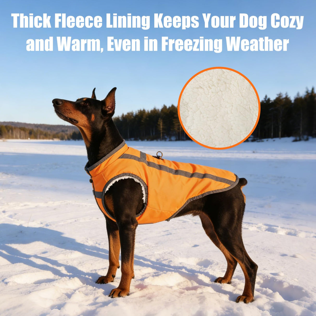 Dog Winter Coat with Fleece Lining for Medium Dogs– Warm Waterproof Windproof Snow Vest for Cold Weather, Reflective Blaze Orange Safety Dog Jacket, Easy-On Adjustable Fit with D Ring, L