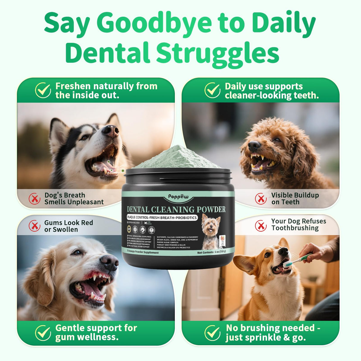 Dog Dental Powder – Teeth Cleaning Powder with 6B CFU Probiotics, Enzymes & Antioxidants, Plaque & Tartar Off, Fresh Breath Support, No Brushing Oral Care, Mint Beef Flavor, 75 Servings