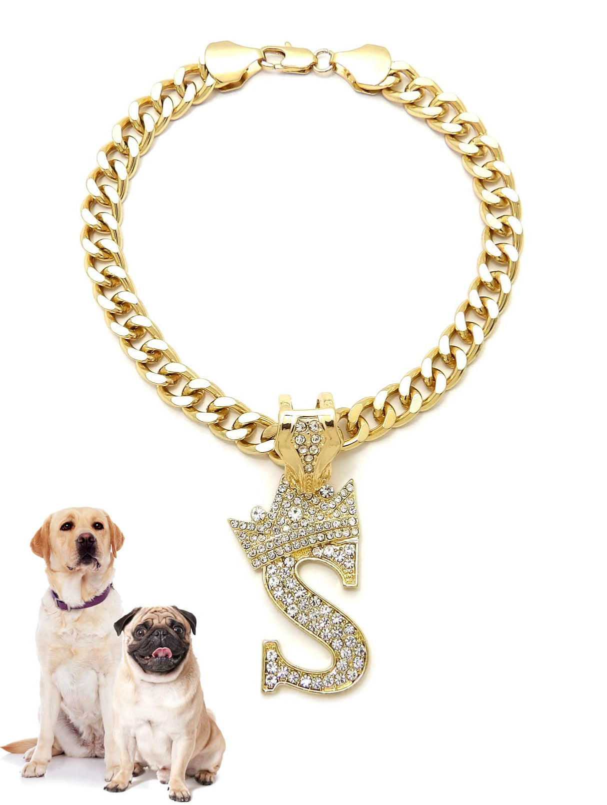Icemond Rhinestone Studded Initial Pendant 26" Cuban Chain Fashion Costume Jewelry Necklace for Dogs Cats in Gold or Rhodium Tone (Gold - S)