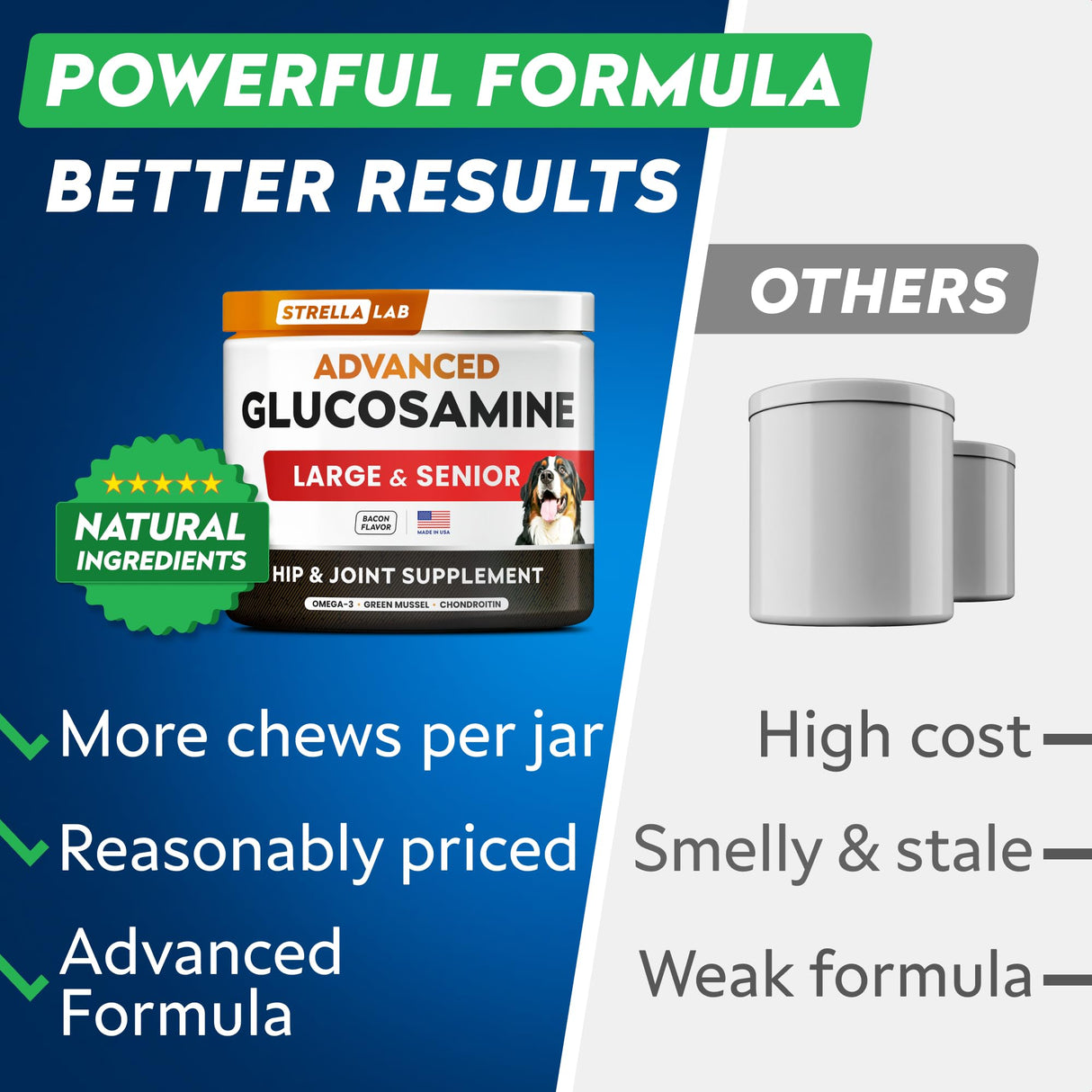 STRELLALAB Advanced Glucosamine Hip & Joint Supplement for Senior Dogs - Green Lipped Mussel & Collagen - Hip & Joint Pain Relief - Large & Small Breed - Joint Health - Bacon - 120 Chews