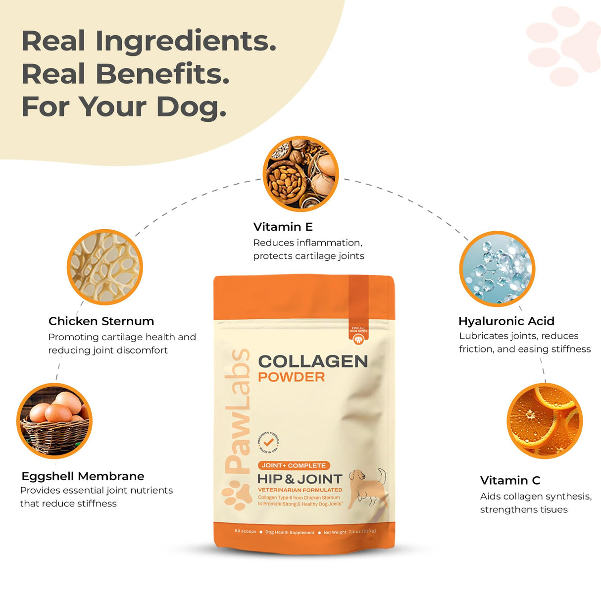 PawLabs Collagen Powder for Dogs - Collagen Type II from Chicken Sternum, Eggshell Membrane, Hyaluronic Acid, Vitamin E & C - Joint Health & Cartilage Support
