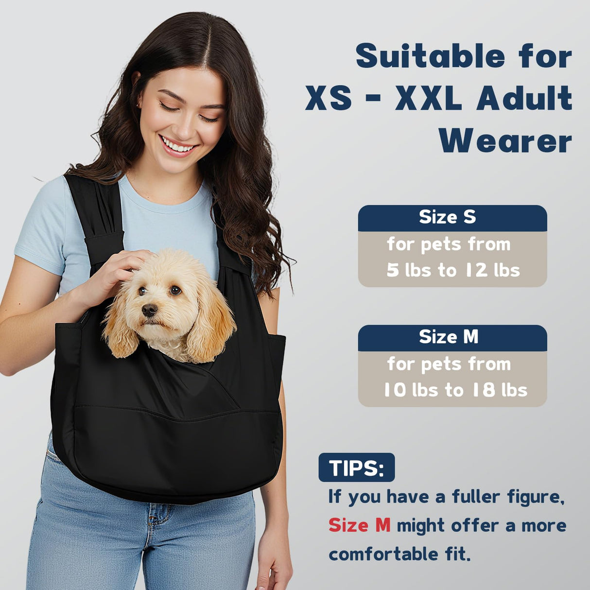 Dog Sling Carrier for Small Dogs with Bottom Support, Adjustable Pet Front Dog Carrier-Padded Straps Reducing Back Neck Pain, Anti-Anxiety Backpack for Travel Hiking Camping, Hands Free (Black,S)