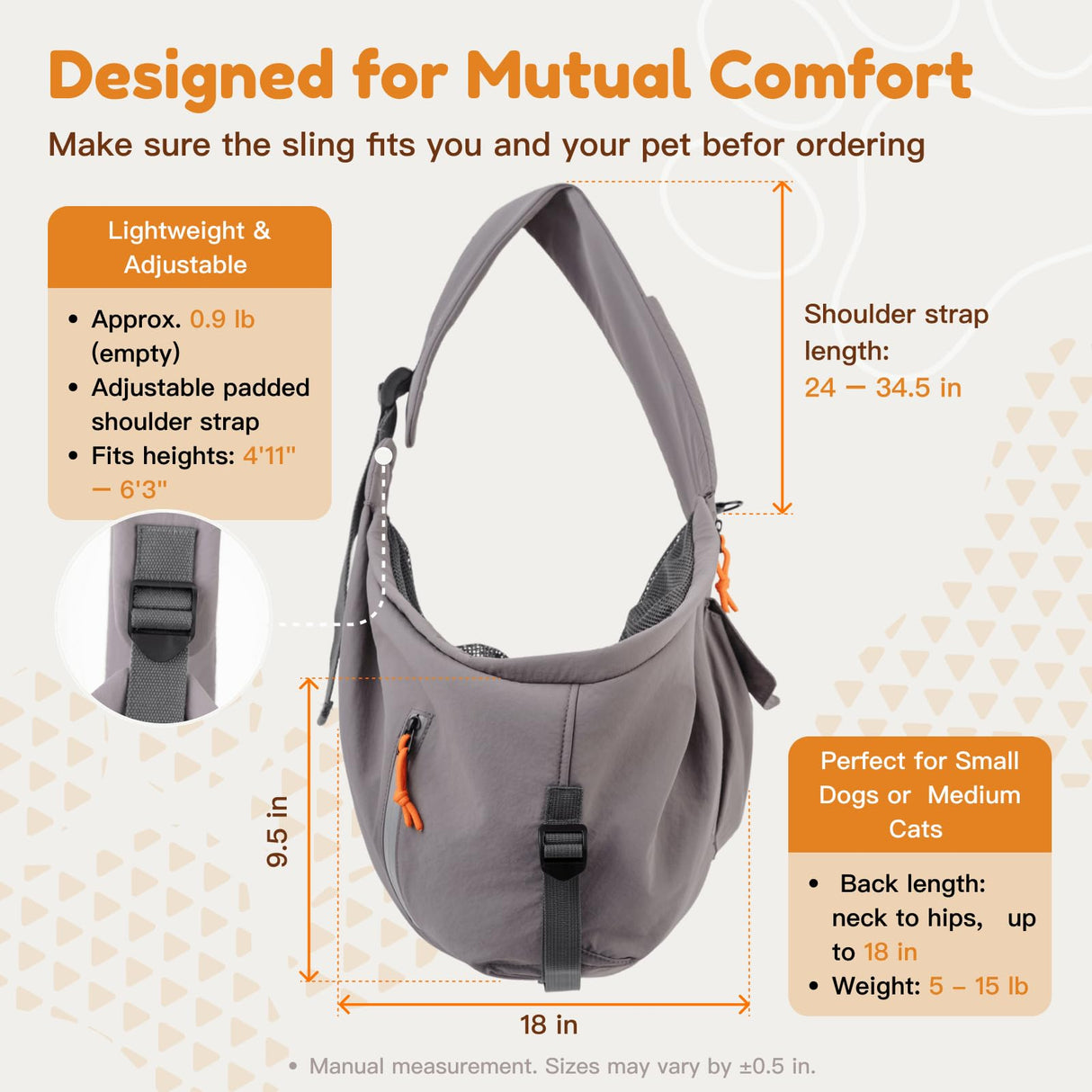 Tirige Pet Sling Carrier for Small Dogs and Cats, Hands-Free Crossbody Bag with Safety Leash, Multiple Pockets, Gray, 5-15 lb