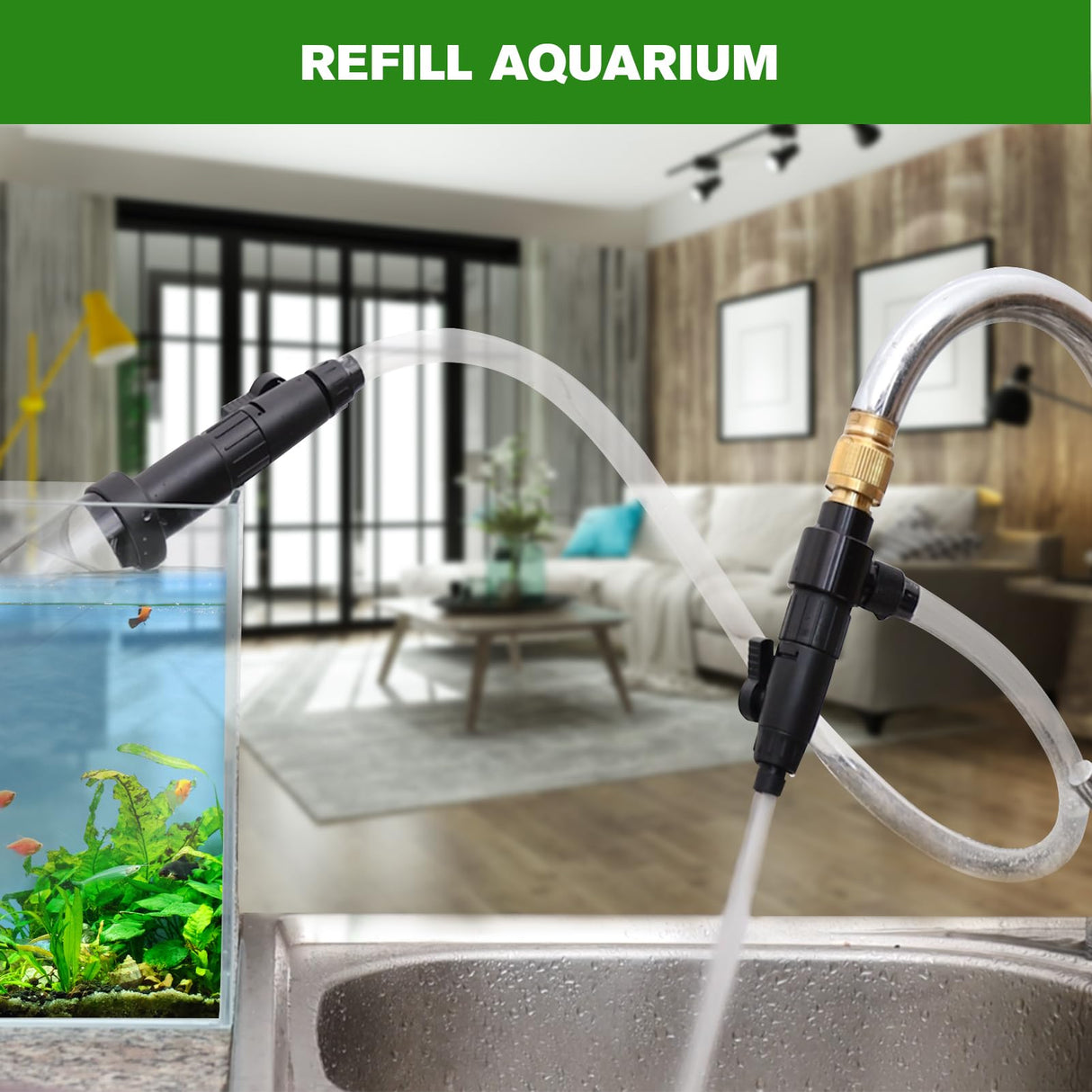 ZRDR Aquarium Siphon Vacuum Gravel Cleaner Kit for Fish Tank Cleaning Gravel & Sand, Fish Tank Water Changer Metal Faucet Connector with Long Hose Drain & Fill(32ft)