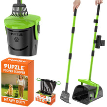 Load image into Gallery viewer, Pupzle Dog Pooper Scooper with Bag Attachment, 40" Long Handle Pooper Scooper for Large Dogs, Dog Poop Scoop for Yard, Large Capacity Swivel Bin and Rake, Lavender Scented Bags (Green)