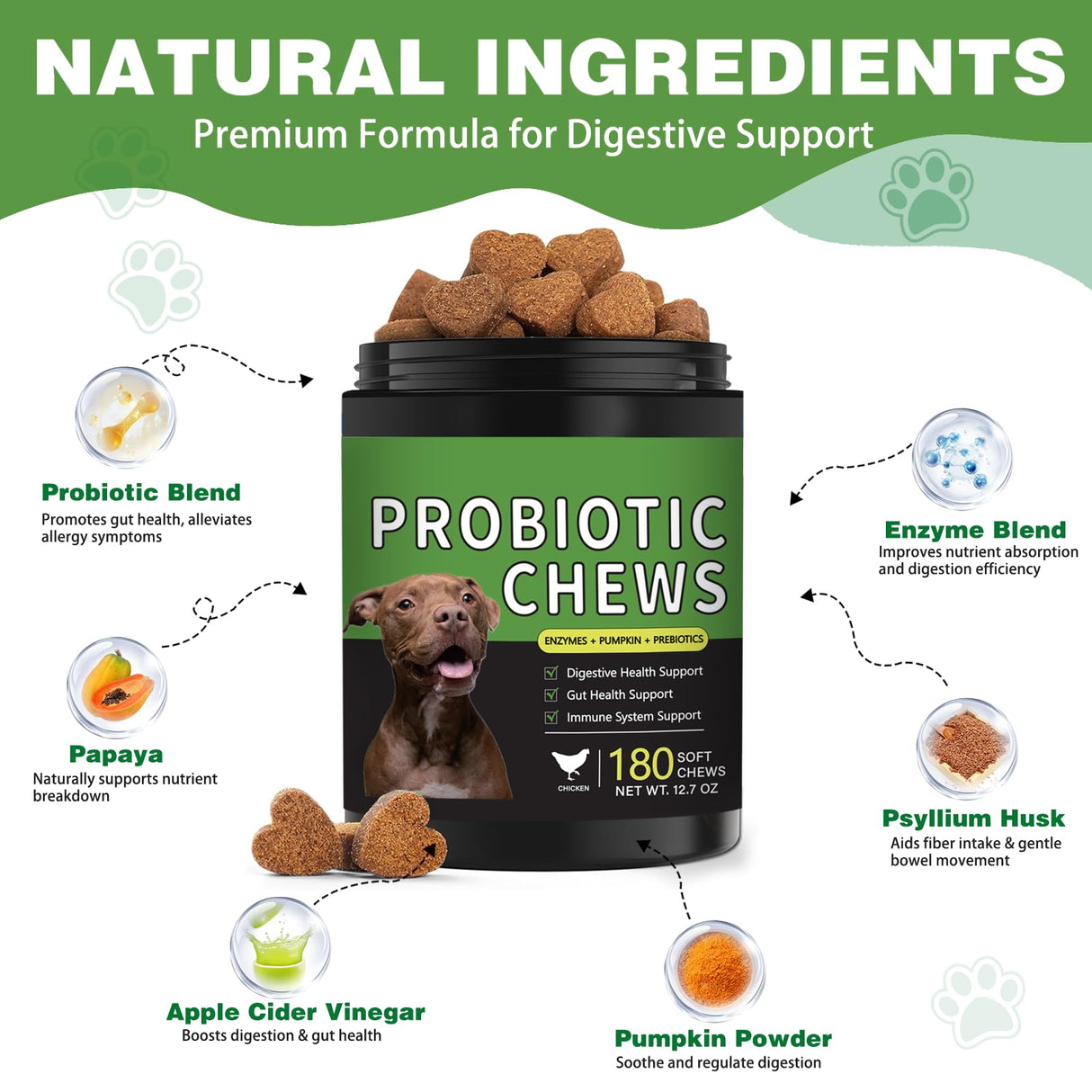 Probiotics for Dogs - 180 Dog Probiotics Chews with 5 Enzymes & 4 Prebiotics for Digestive and Gut Health - Diarrhea & Bowel Support, Yeast Balance, Immunity, Allergies & Itchy Skin (Chicken)