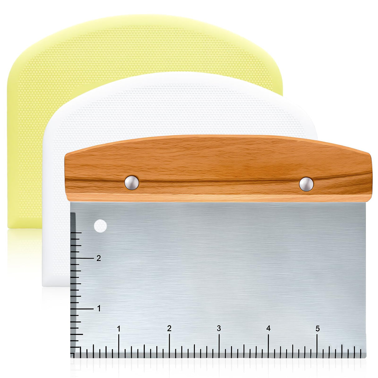 Versatile Bench Scraper with Wood Handle, Premium Stainless Steel Dough Scraper Cutter with 2 PCS Flexible Bowl Scraper for Pastry Bread Pizza, Kitchen Scraper Tool for Flat Top Griddle