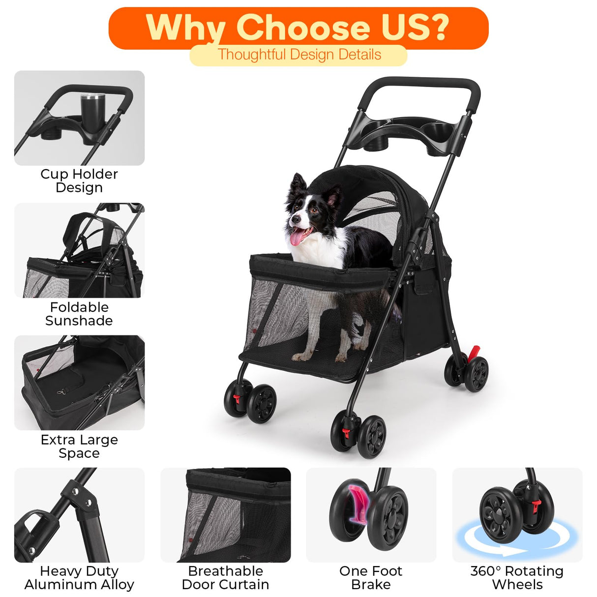 Foldable Pet Stroller for Small/Medium Dogs & Cats up to 22 lbs - Lightweight 4-Wheel Design with Sun Canopy, Storage Basket & Breathable Mesh Windows(Black
