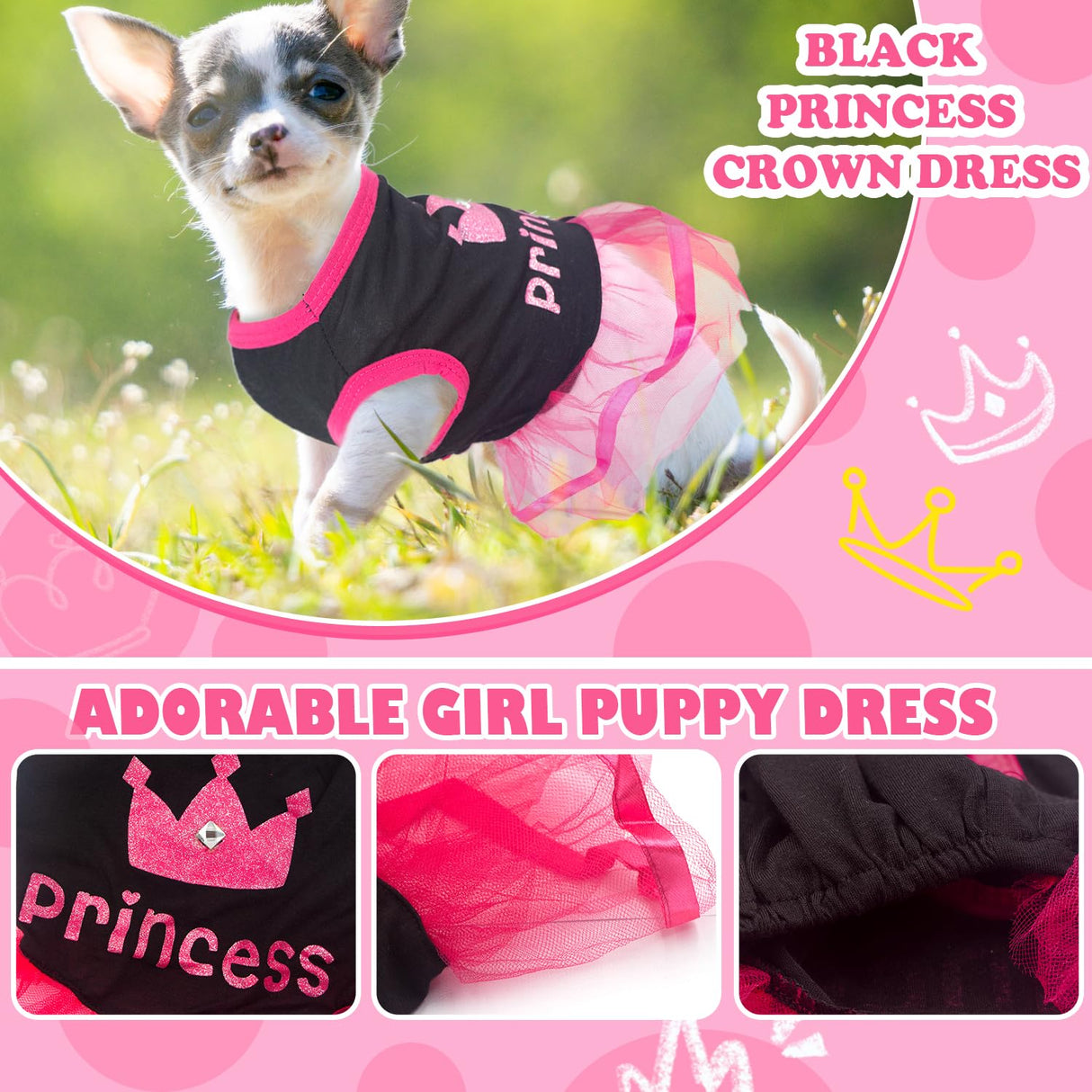 2-Pack Dog Dresses Cute Princess Dog Dress with Rhinestones Mesh Tutu Pet Outfit Puppy Clothes for Small Dog Girls Chihuahua Yorkie,Pink Black,Small
