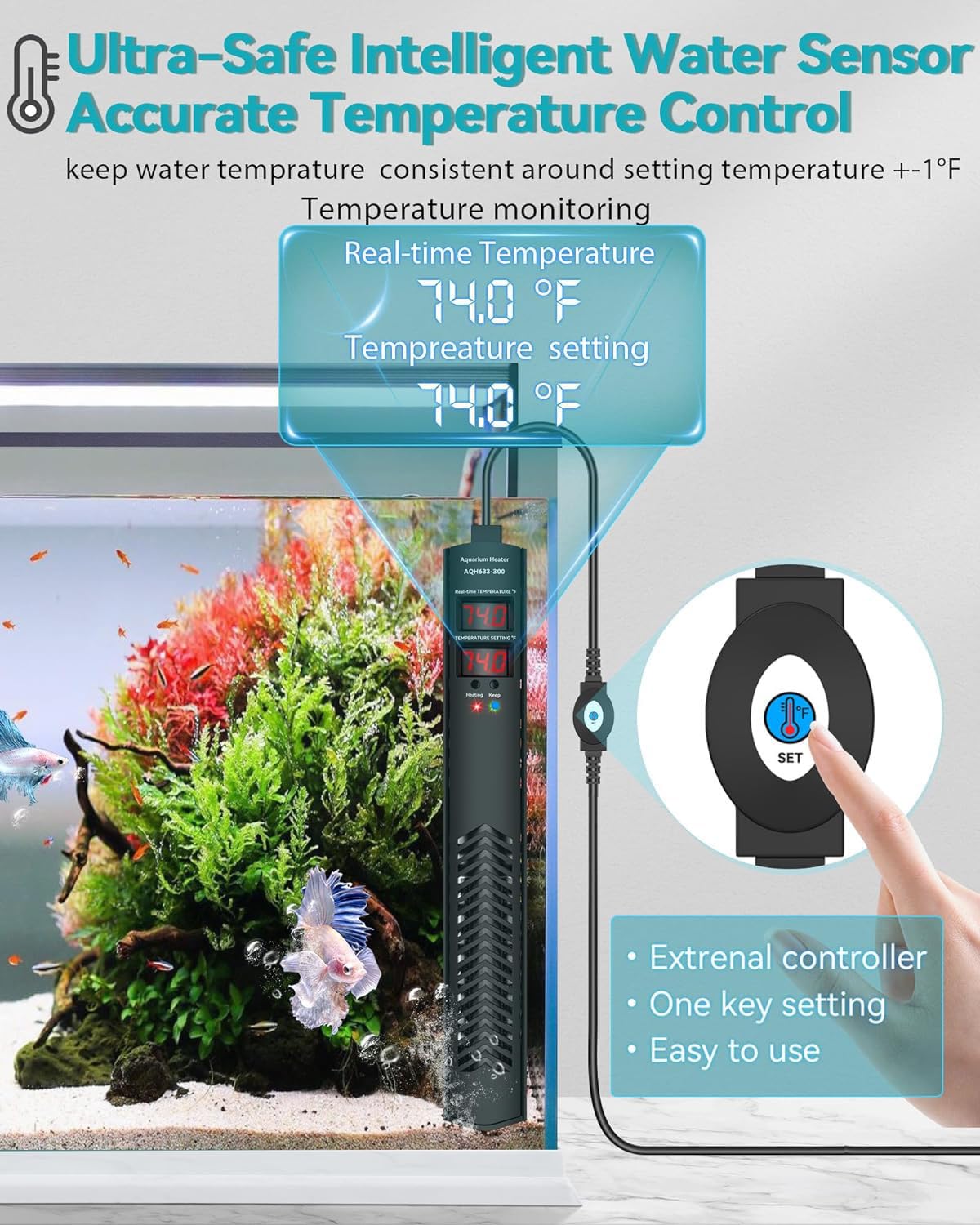 AHJ Aquarium Heater for 40-55-75 Gallon, 300W Submersible Fish Tank Water Heater with Accurate Temperature Control, Over-Temp Protect, Auto Shut-Off, Quick Heat up for Saltwater & Freshwater