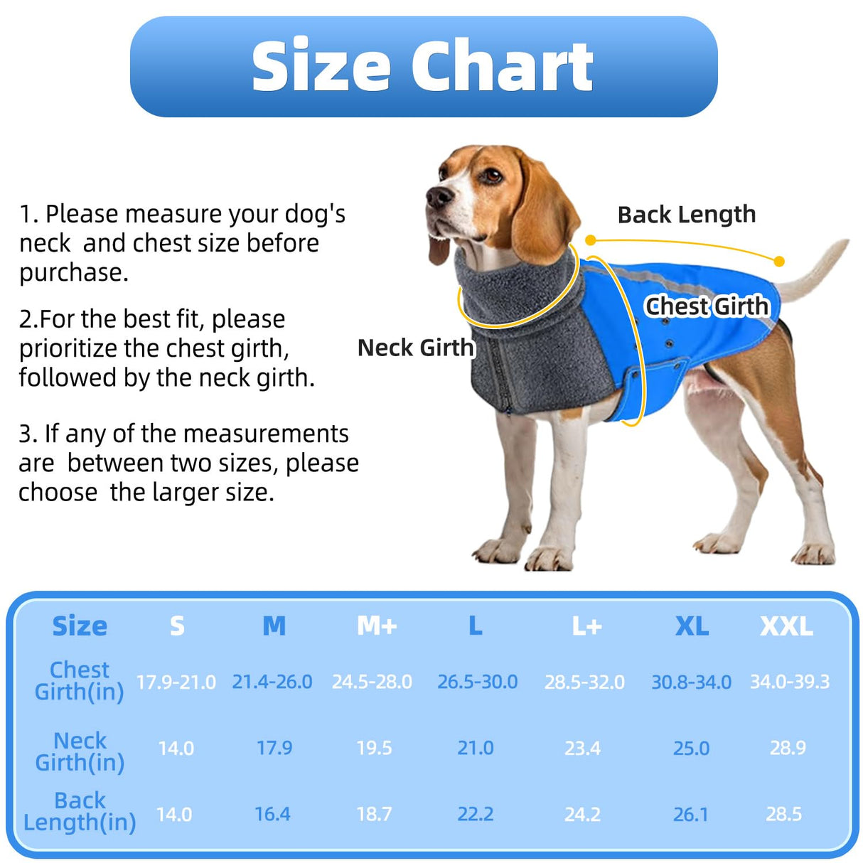 SlowTon Winter Dog Coat, Warm Polar Fleece Lining Doggie Outdoor Jacket with Turtleneck Scarf Reflective Stripe Adjustable Waterproof Windproof Puppy Vest Soft Pet Outfits (M+,Blue)