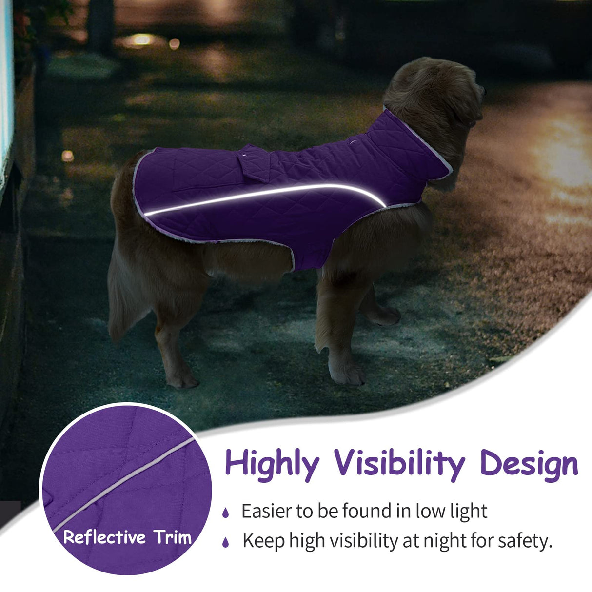 Malier Dog Winter Coat, Windproof Dog Cold Weather Coats with Real Pocket, Winter Extra Warm Pet Coat Fleece Jacket Reflective Clothes for Small Medium Large Dogs and Puppy (Purple, Large)