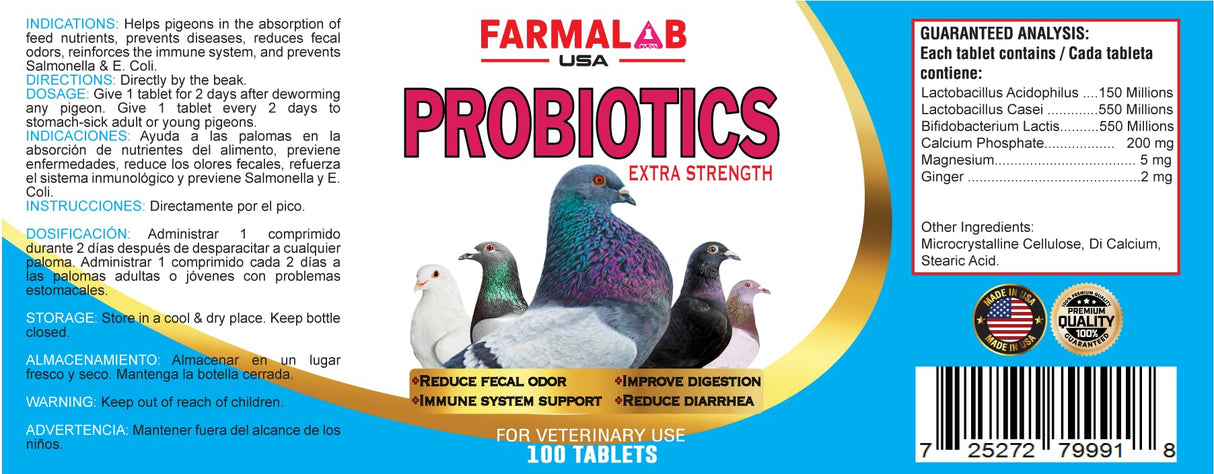 Farmalab Probiotics Extra Strength for Pigeons, 100 Tablets, Immune Support and Digestive Health