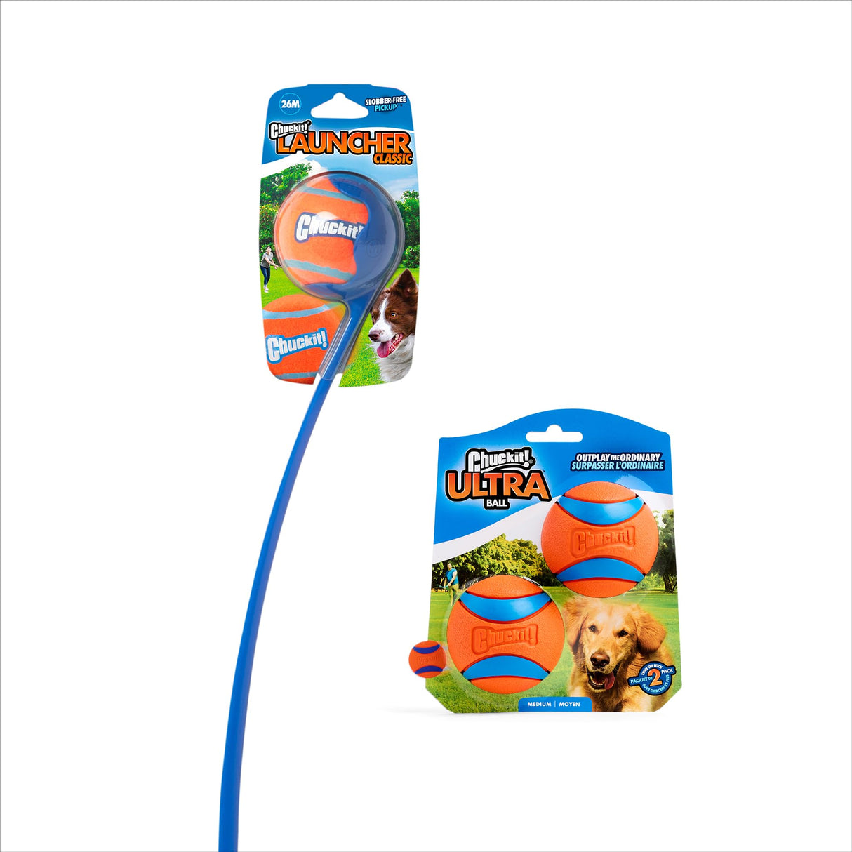 Chuckit! Ultra Dog Ball & Launcher Bundle Classic 26M 26" Length with 2 Pack Medium (2.5") Bouncy Fetch Balls for Dogs 20-60 lbs, Dog Fetch Ball Thrower