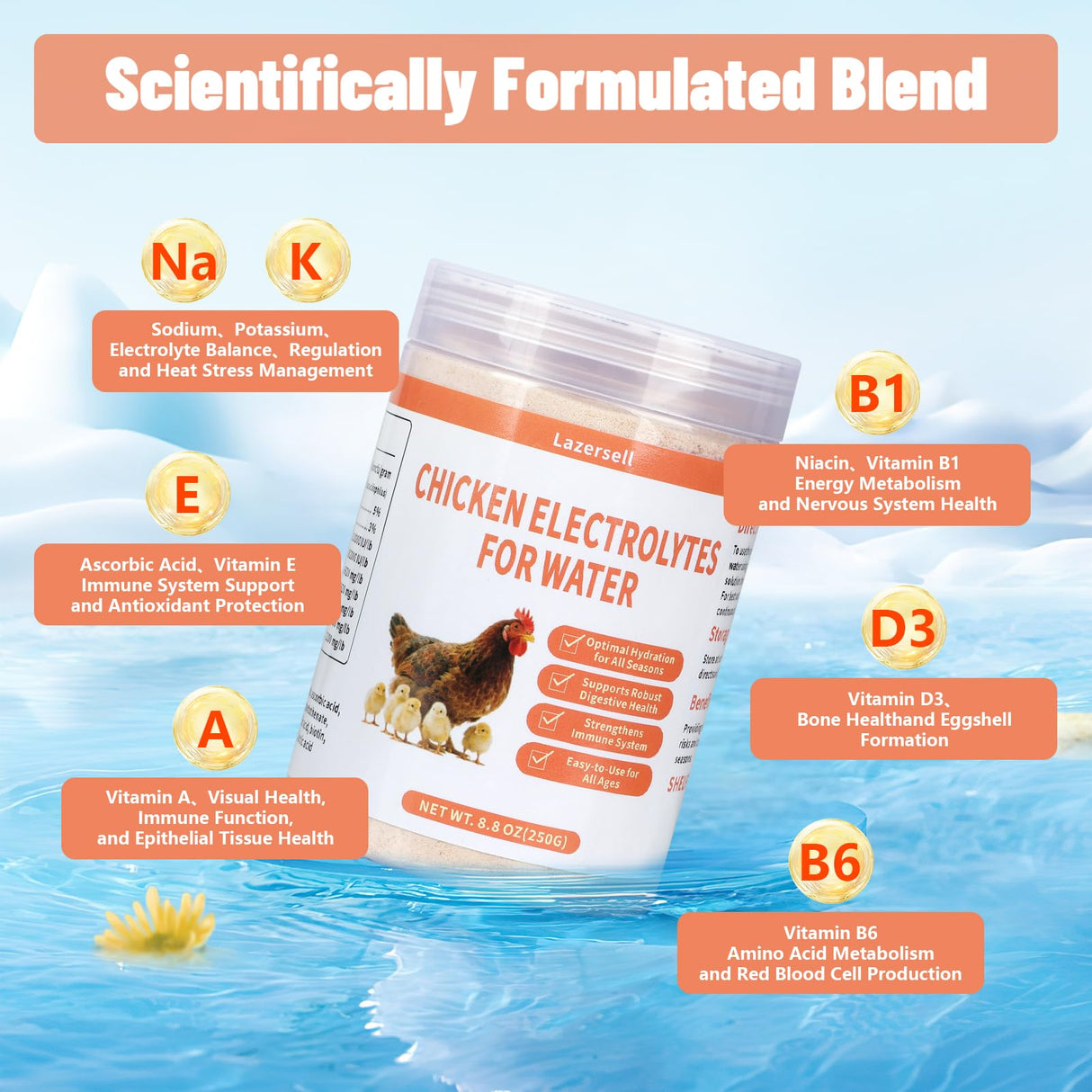 Chicken Electrolyte for Water, Ideal for Hydration, Immunity, Digestive Health, Chicken Vitamins, Electrolytes, and Probiotics, Multipurpose Poultry Vitamins for Chickens, Ducks, Turkeys, 8.8 OZ