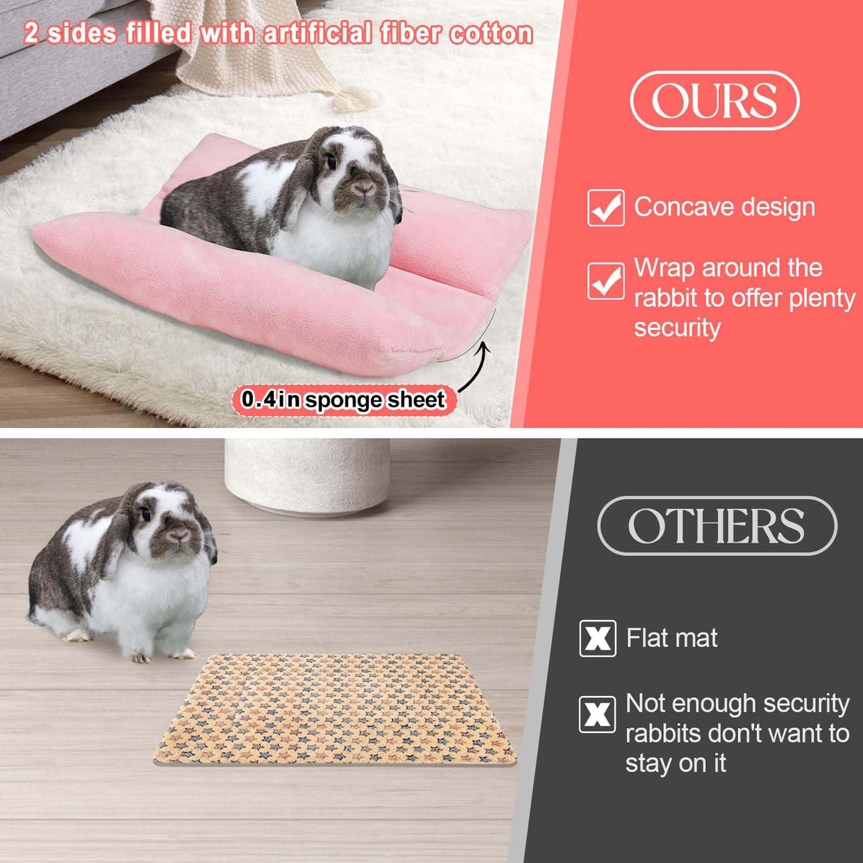 MEWTOGO 15.7" x 14" Bunny Bed for Rabbit Cage - Thickened Soft Prevent Sore Hocks Plush Mat with Cotton Lounger Pillows, Small Animal Flop Mat for Hutch Sleeping Indoor, Pink