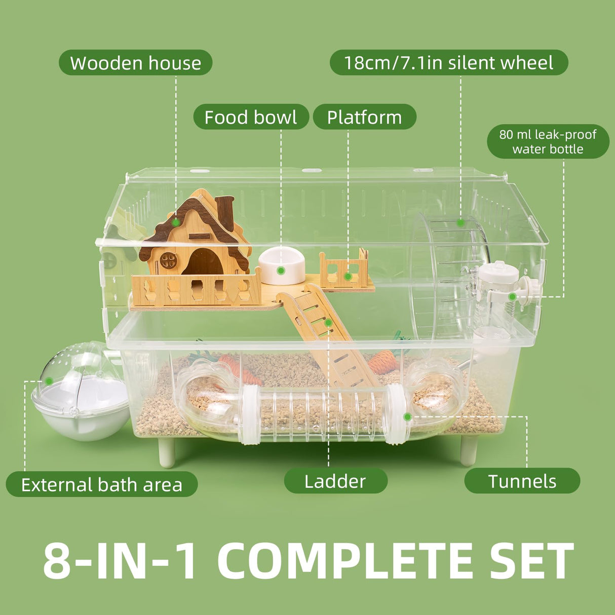 Clear Acrylic Hamster Cage, Dwarf Hamster Cage, Mouse Cage, Gerbil Cage - All-in-One Hamster Habitat with 18cm Silent Wheel, Tubes & Full Kit, 17.7×11.8×13" for Dwarf Hamsters, Mice, Gerbils