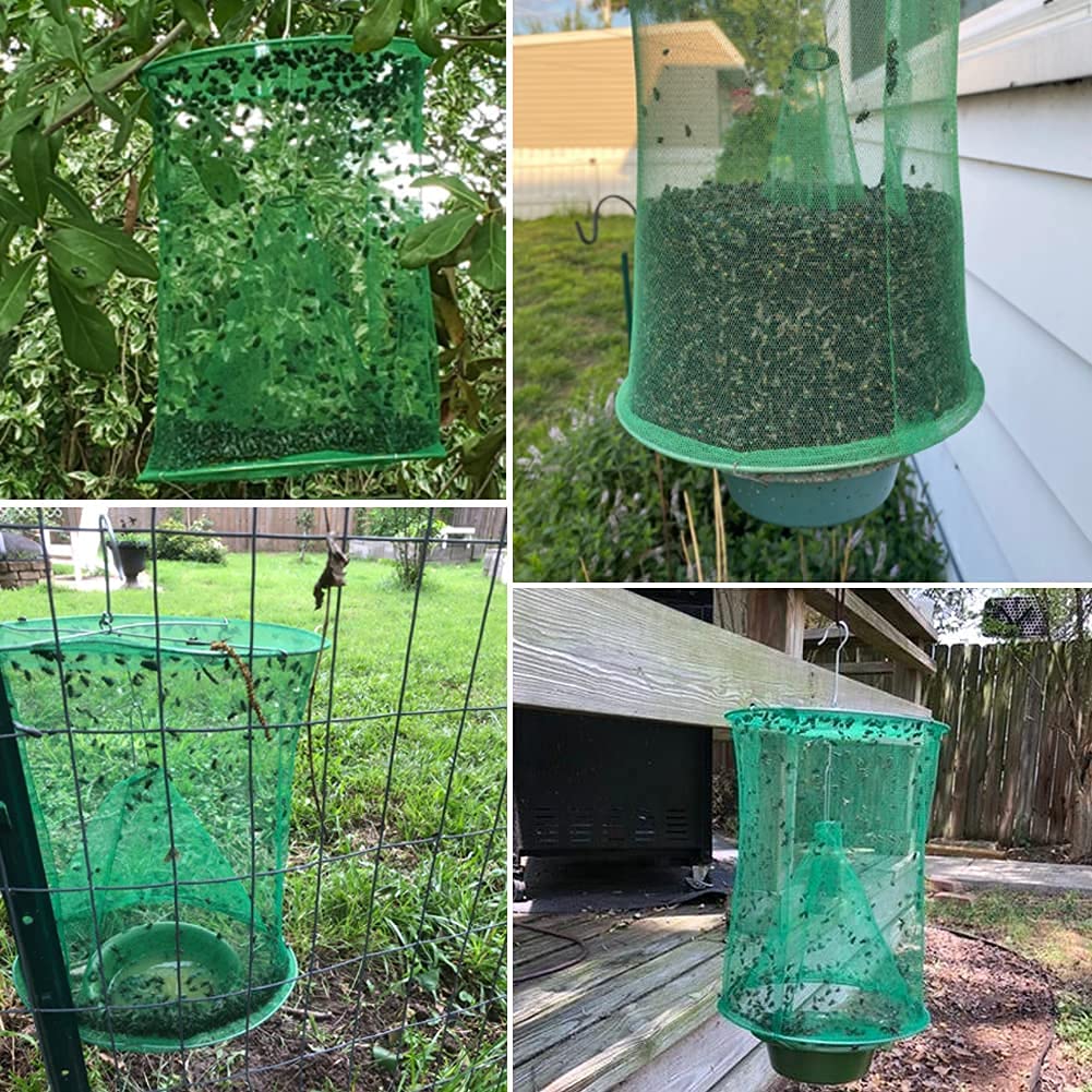 Ranch Fly Trap Outdoor Hanging Reusable with Fishing Apparatus | Food Bait Tray Catcher Cage for Indoor or Outdoor Family Farms, Park (10 Pack)