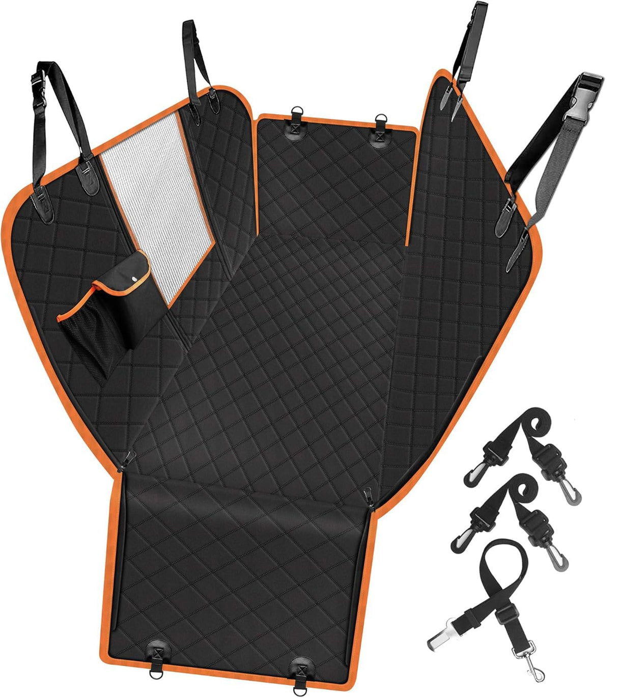 Femuar Dog Car Seat Cover, Waterproof Nonslip Pet Seat Cover for Back Seat with Storage Pockets Mesh Visual Window, Scratch Proof Pet Dog Seat Cover Hammock for Cars Trucks and SUVs, XL-Orange