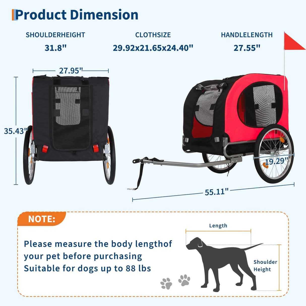 Bicycle Dog Carrier - 88Lbs Capacity Pet Bike Trailer with 19" Air Tires,Foldable Dog Trailer for Bike | with 600d Durable Waterproof Oxford Cloth | Universal Coupler | for Medium/Large Pets