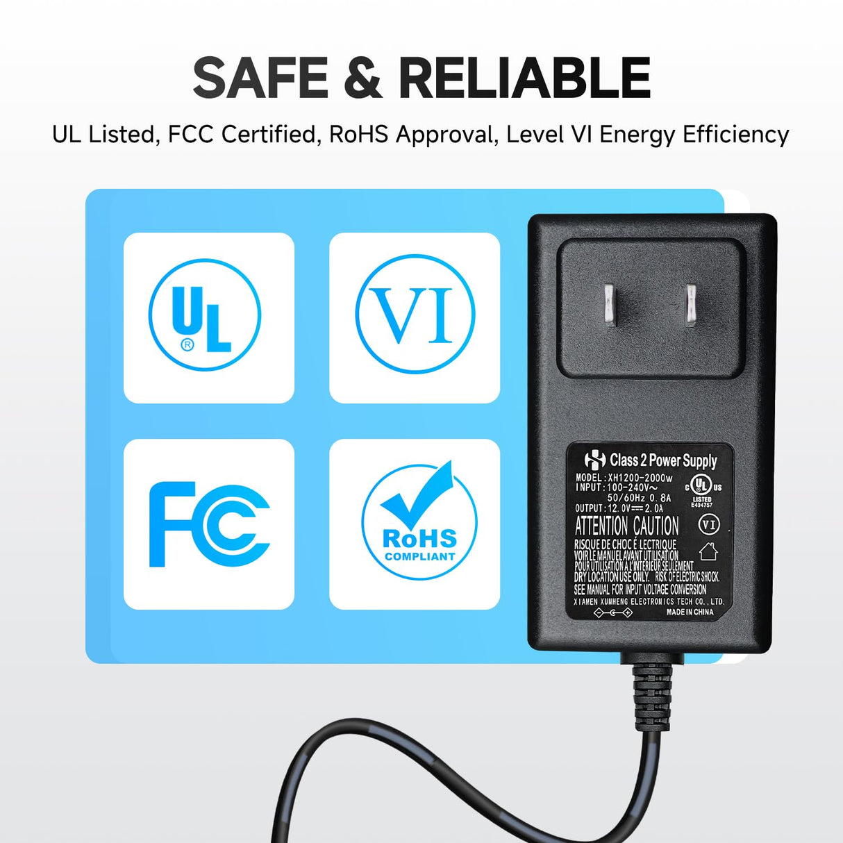Power Adapter AC 100-240V to DC 12V 2A (2000mA) & 4-Way Power Splitter Cable for CCTV Security Cameras/DVR/NVR/LED Strip Lights/Routers and More, UL/FCC/CE Certificated (6ft)