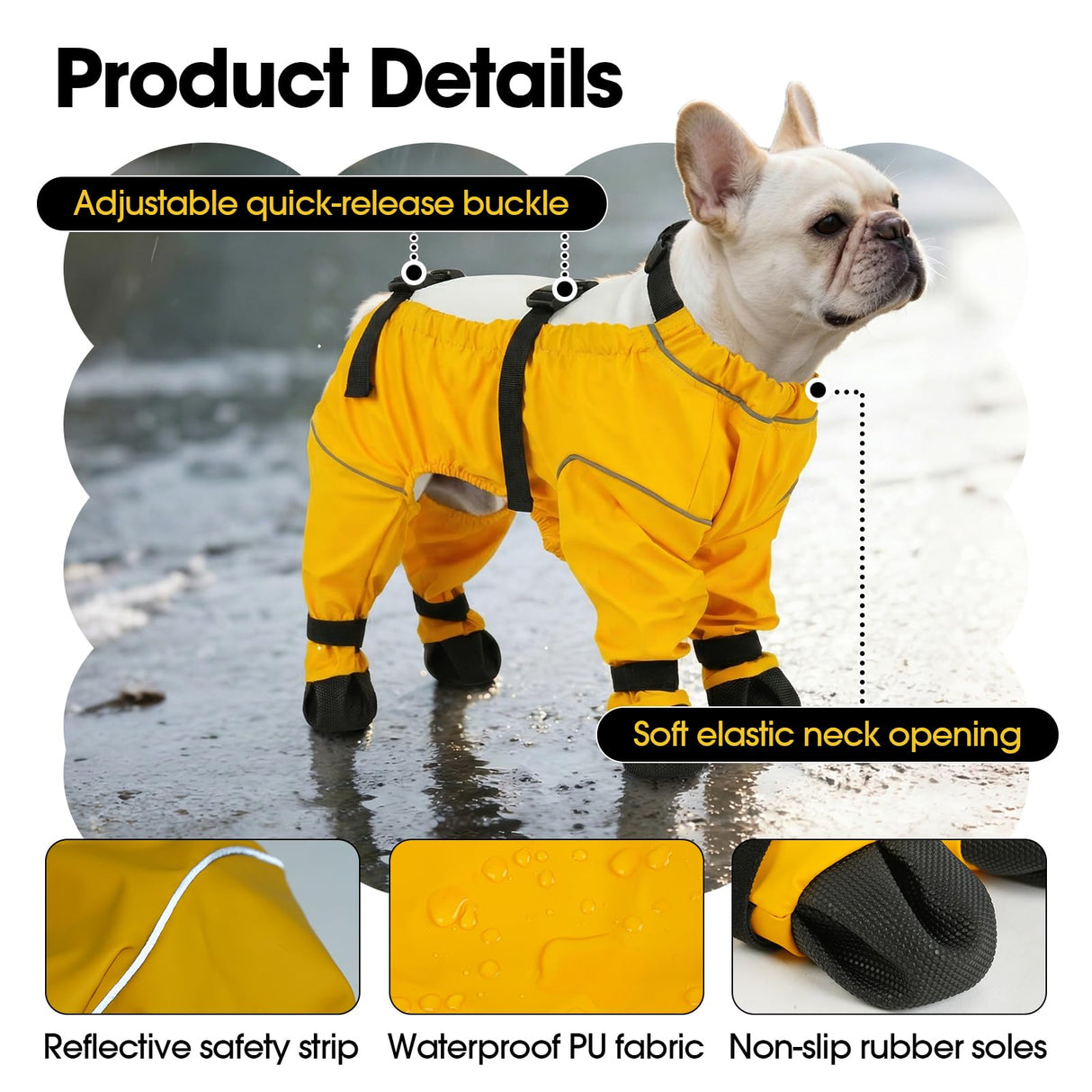 Yternal Waterproof & Dirt-Proof Dog Rain Boots for Small Medium Dogs – Adjustable One-Piece Paw Protectors with Reflective Strips and Non-Slip Soles for Rain Snow, Yellow M