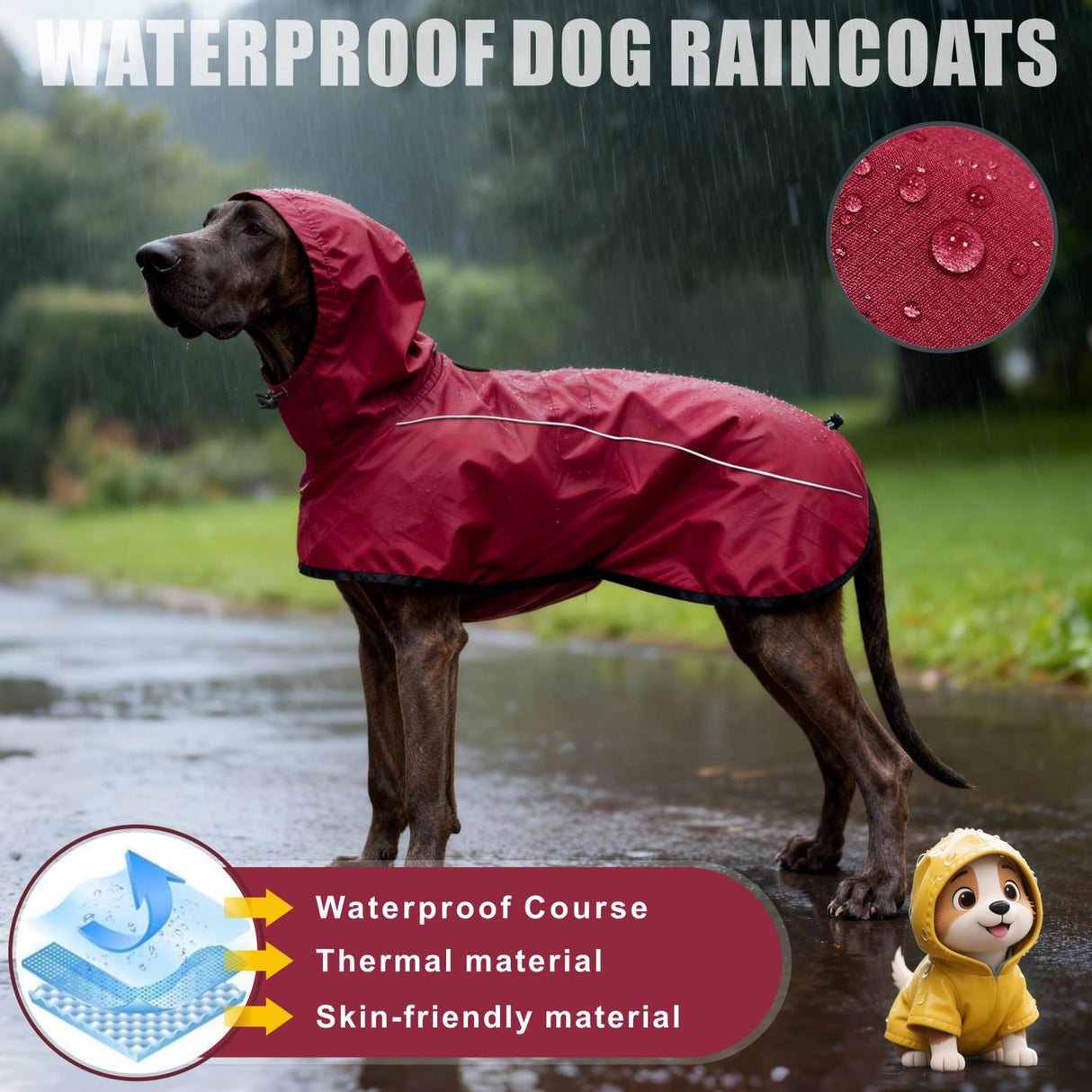 Mosucoirl Dog Raincoat Jacket Reflective Adjustable Hooded Pet Poncho Rain Coats with Leash Hole Waterproof Clothes for Small Medium Large Dogs (Red, L)