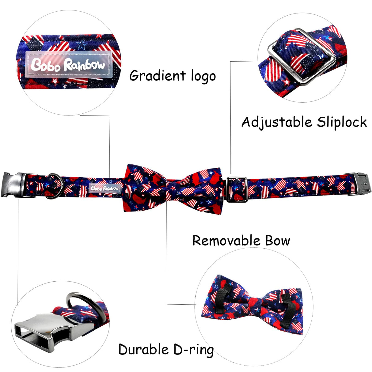 Bobo Rainbow Independence Day Dog Collar, Patriotic 4th of July Dog Collar Cute Bowtie Pet Collar Bow Tie Collar for Dogs Adjustable Puppy Collars for X-Large Dogs