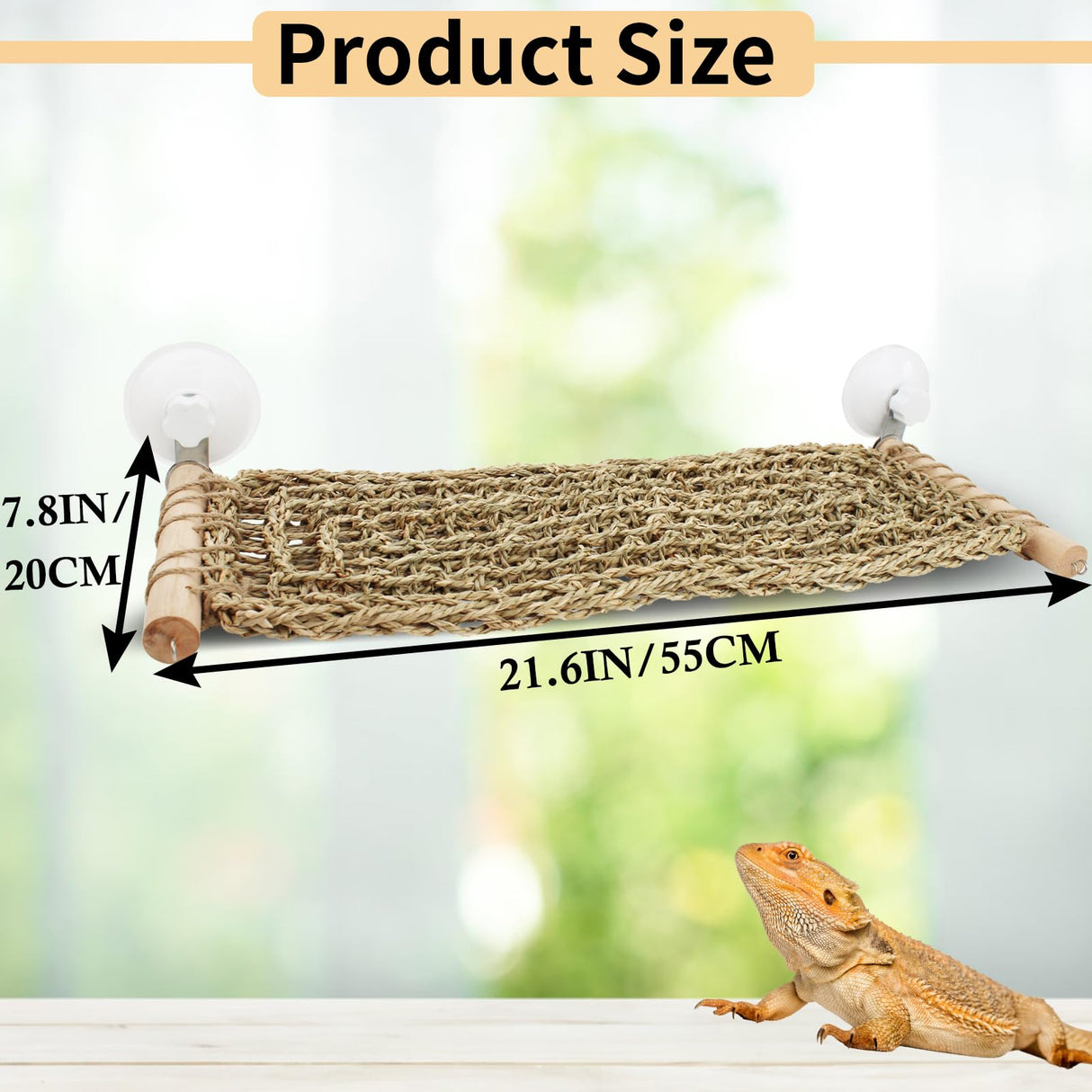 FlidRunest 21.6 x 7.8 in Seagrass Bearded Dragon Hammock for Window, Large Lizard Window Perch, Reptile Hammock Perch with Powerful Suction Cups for Lizard, Leopard Gecko, Chameleon