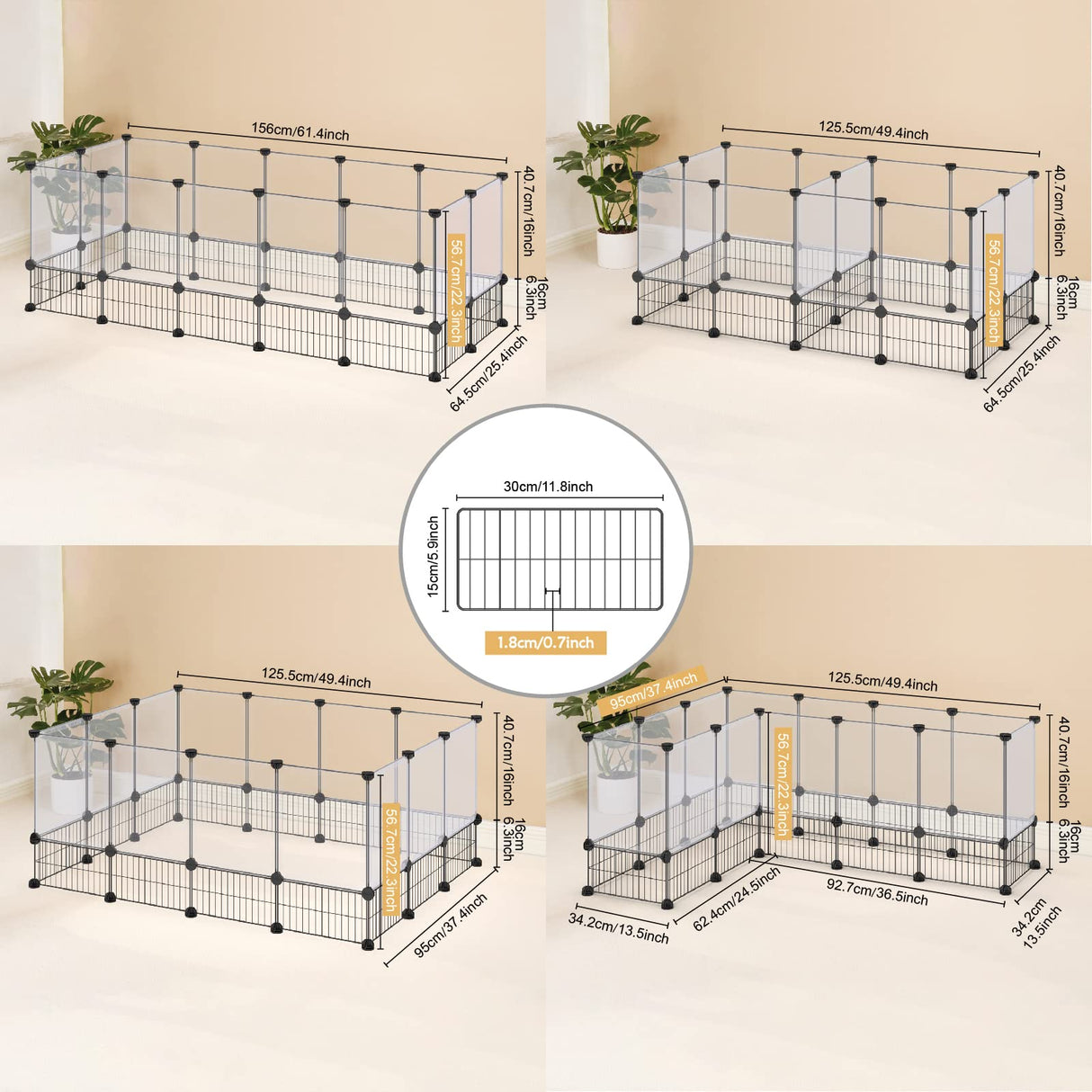 DINMO Rabbit Playpen, Guinea Pig Cages, Hamster Cages, Iron Net Bottom Design for Small Animal, Bunny, Ferret, Hedgehog, DIY, Expanded, Portable, Exercise Fence, 61.4 x 25.4 x 22.3 Inches