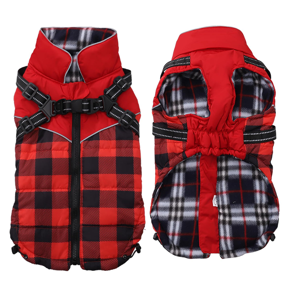 Dog Coat with Harness,Small Dog Winter Coat,Doggie Jackets with Built in Harness,Adjustable Warm Jacket for Medium Large Dogs,Pet Puppy Cold Weather Coats for Dogs Waterproof (PlaidRed, Medium)