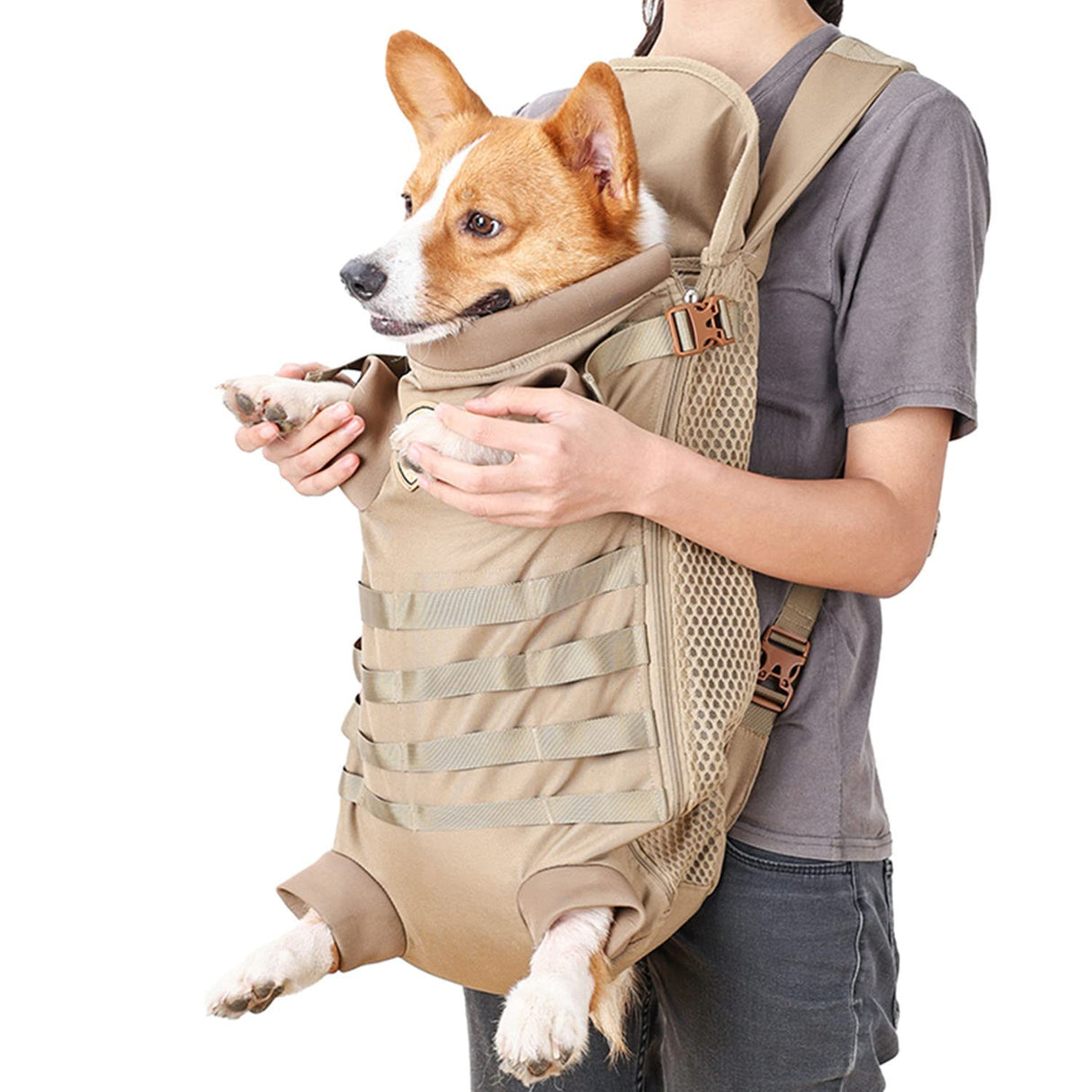 FLAdorepet Dog Carrier Tactical Backpack for Medium Large Dogs,Soft Hands-Free Legs Out Pet Front Cat Dog Carrier Backpack Travel Bag for Outdoor Traveling Hiking Camping (Medium, Khaki)