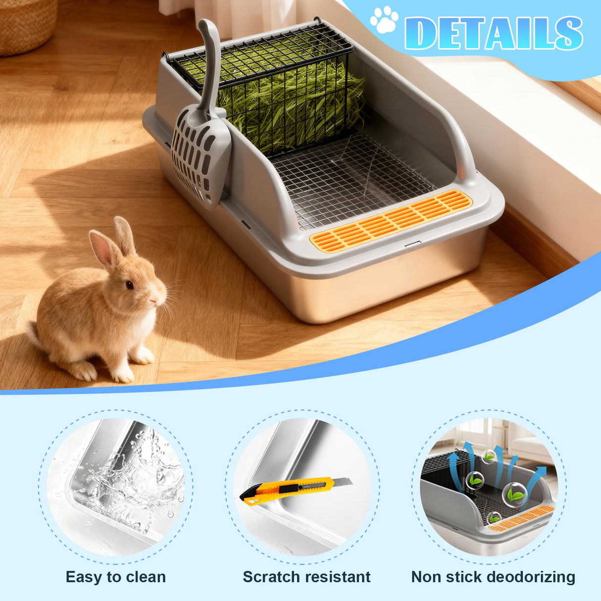 Stainless Steel Rabbit Litter Box w Hay Feeder and Litter Scoop, 19.7 x 13.8 x 7.9 Inch Large Litterboxes w Raised Grid, High Sided Kiter Box for Bunny, Guinea Pig, Ferret, Small Snimal, Hamster