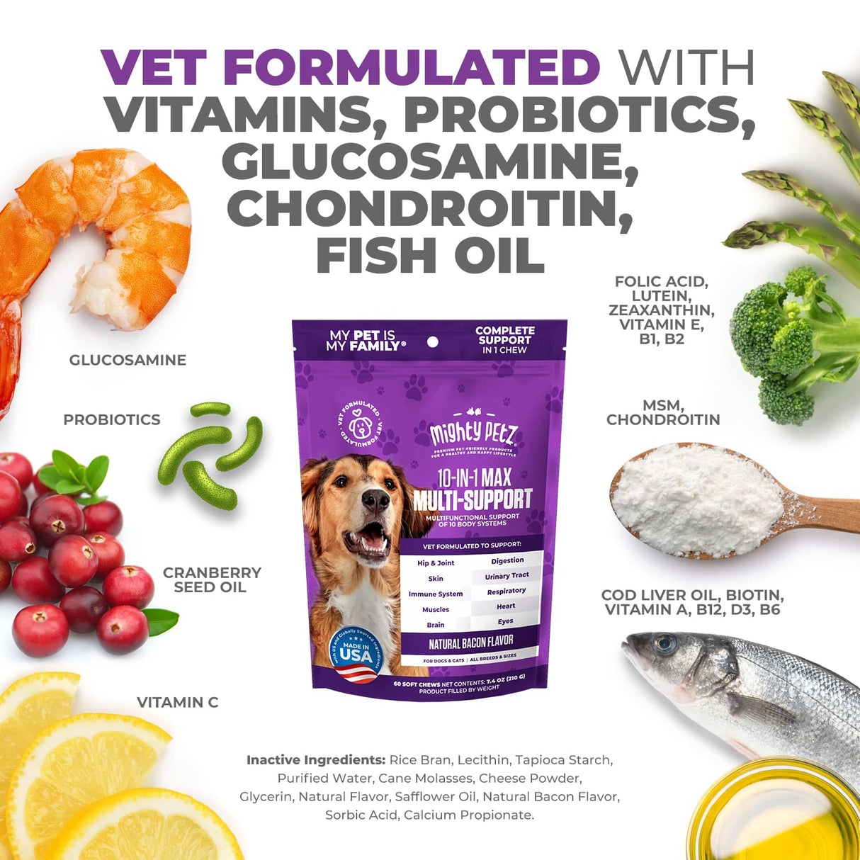 Mighty Petz MAX Dog Multivitamin - Senior & Adult Dog Vitamins 10 in 1 Complete Support for Joints, Immunity, Mobility, Gut, Energy, Skin Health, Pet Multivitamin Daily Chewable Supplement