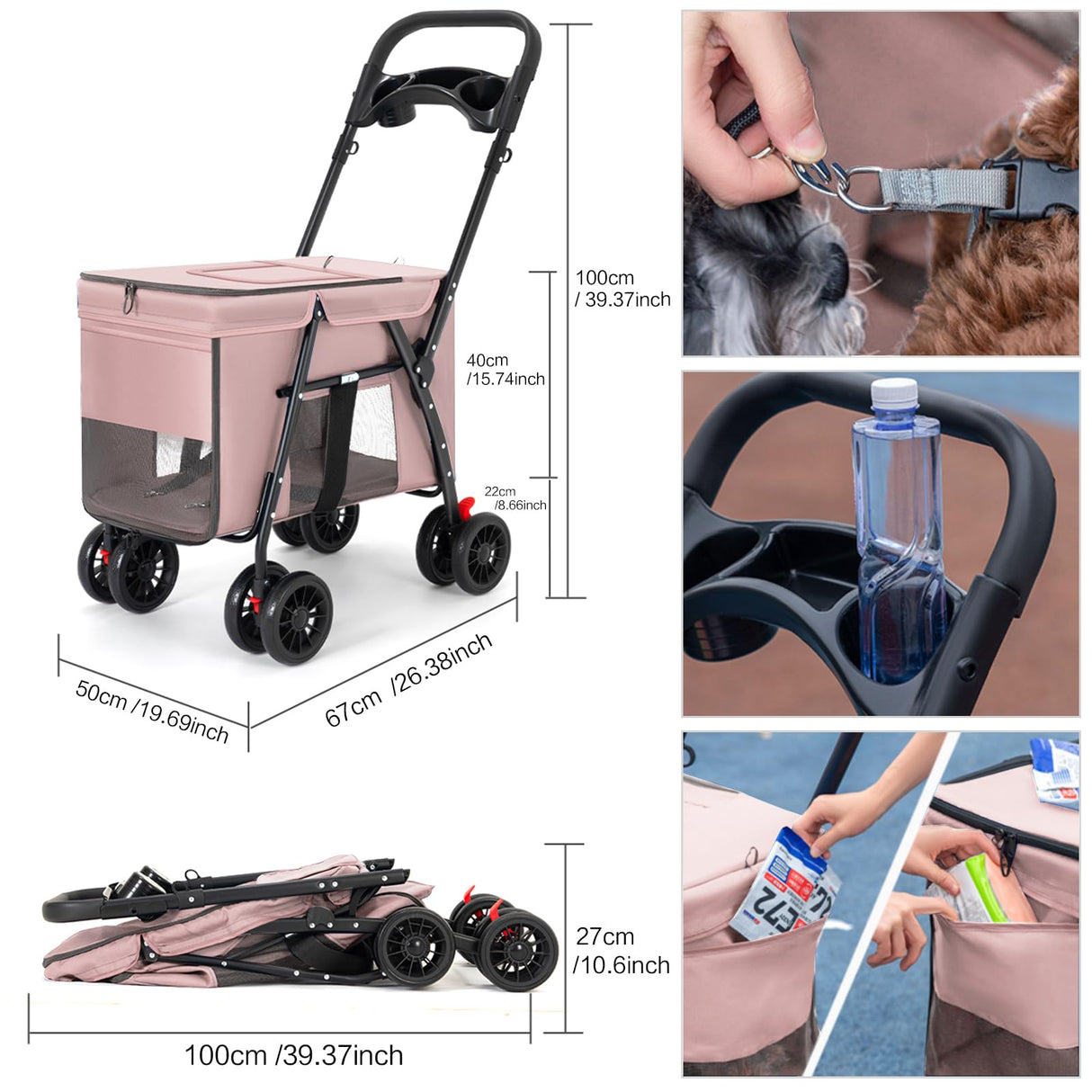 Pet Stroller Cat Dog Stroller Travel Folding Pet Carriers(Pink)