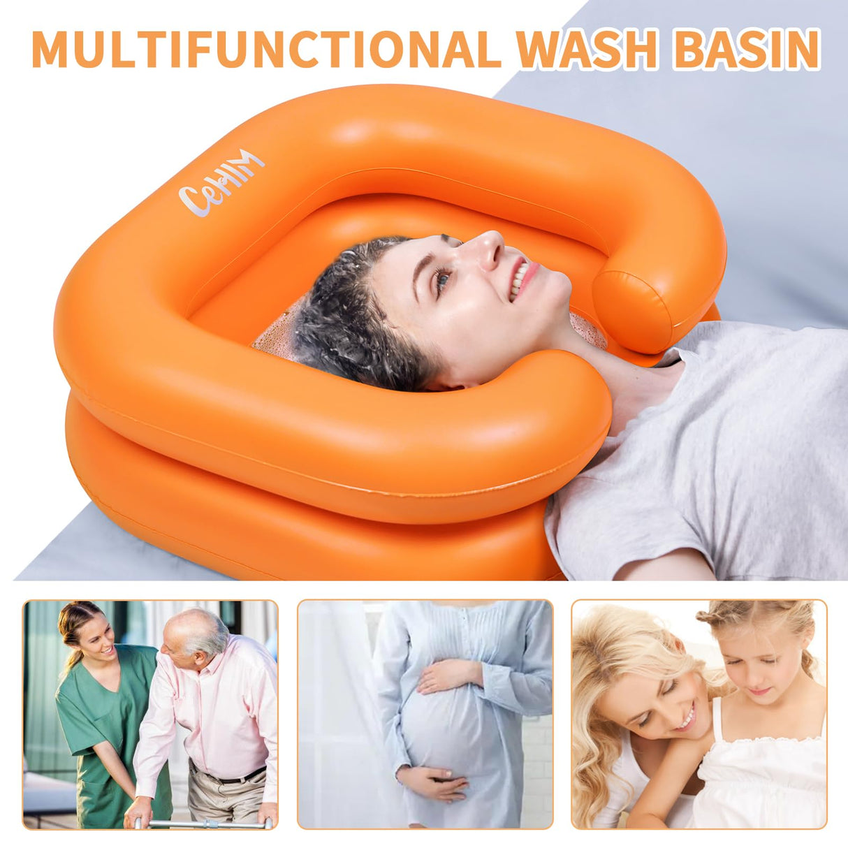 Cehim Inflatable Shampoo Basin - Portable Shampoo Bowl, Hair Washing Basin for Bedridden, Disabled,Injured, Hair Wash Tub for Dreadlocks and at Home Sink Washing (Orange)