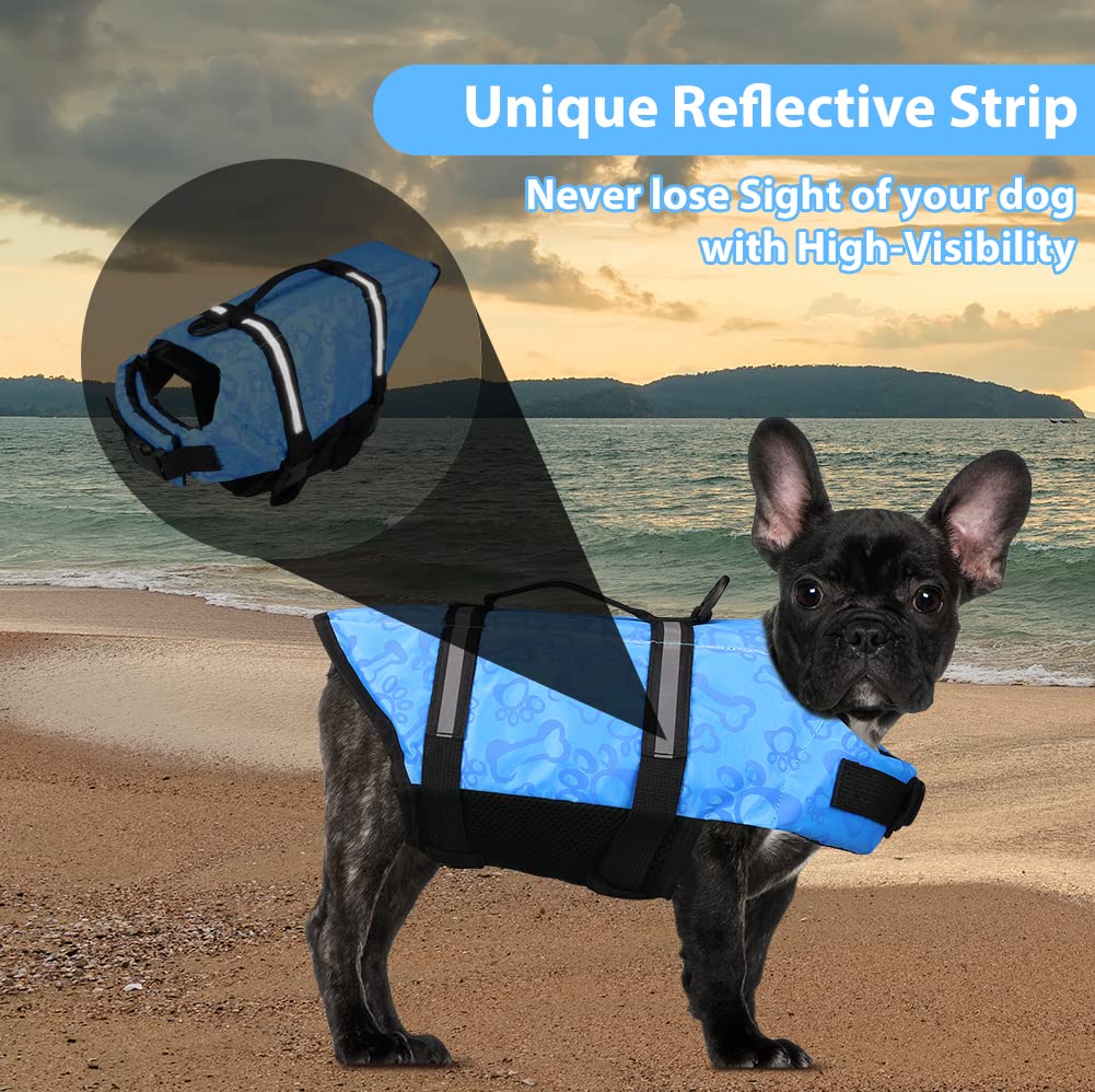 Neween Dog Life Jacket with Reflective Stripes, Adjustable Ripstop Pet Life Vest Lifesaver Preserver with Rescue Handle and High Flotation Swimsuit for Small Medium Large Dog, Blue, Large