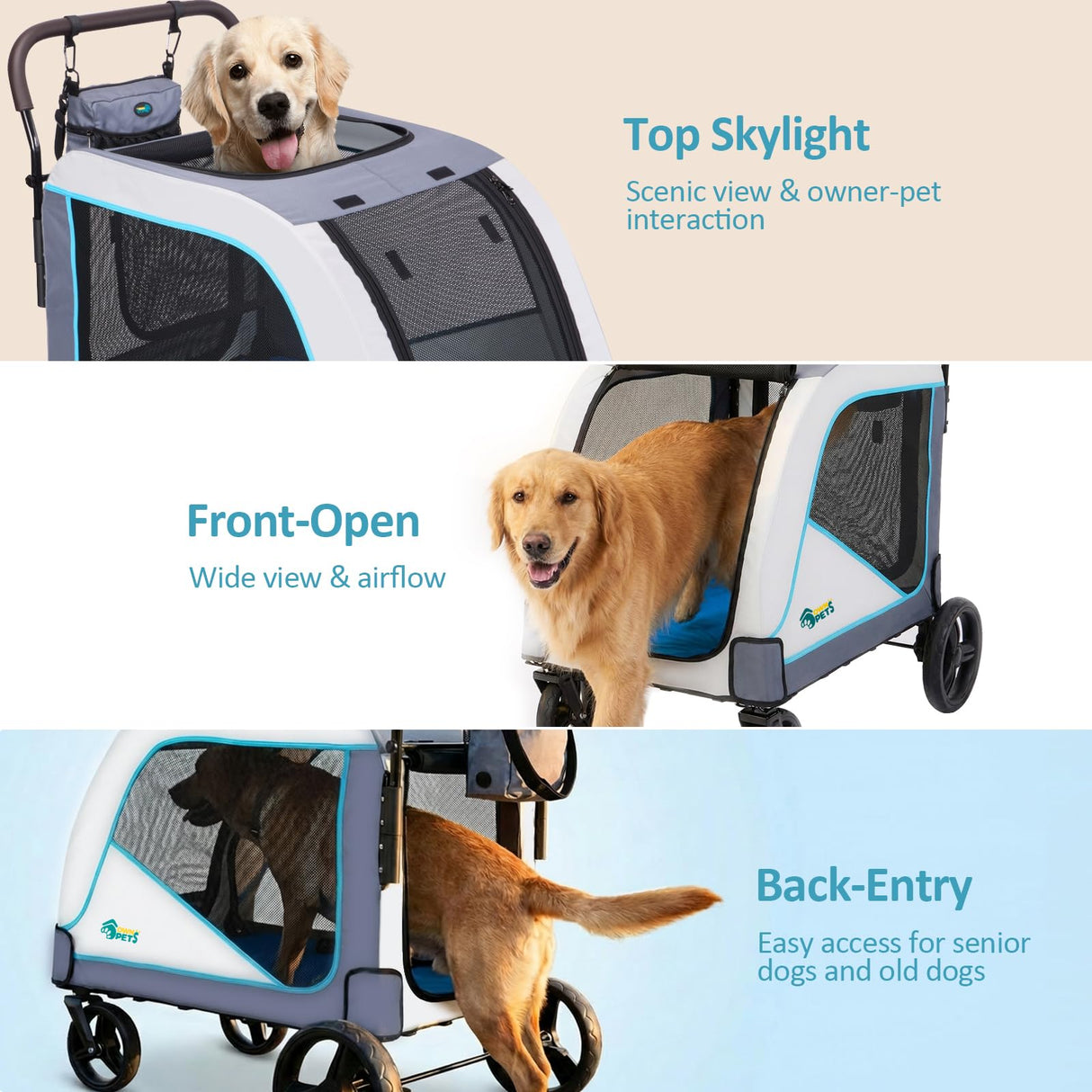 Ownpets Extra-Large Dog Stroller for Large Dogs Up to 154lbs, with Hanging Storage Bag, Foldable Dog Wagon with Adjustable Handle & Breathable Mesh, 4 Wheels Pet Stroller
