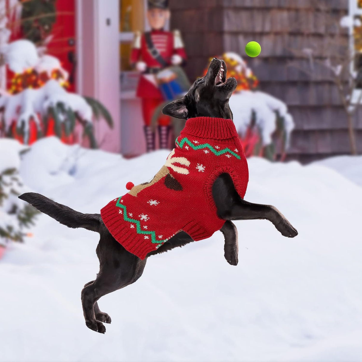 HUMLANJ Christmas Dog Turtleneck Sweater Winter Reindeer Snowflake Sweater with Leash Hole Puppy Knitwear Pullover Holiday Sweaters for Small Medium Large Dogs XXL