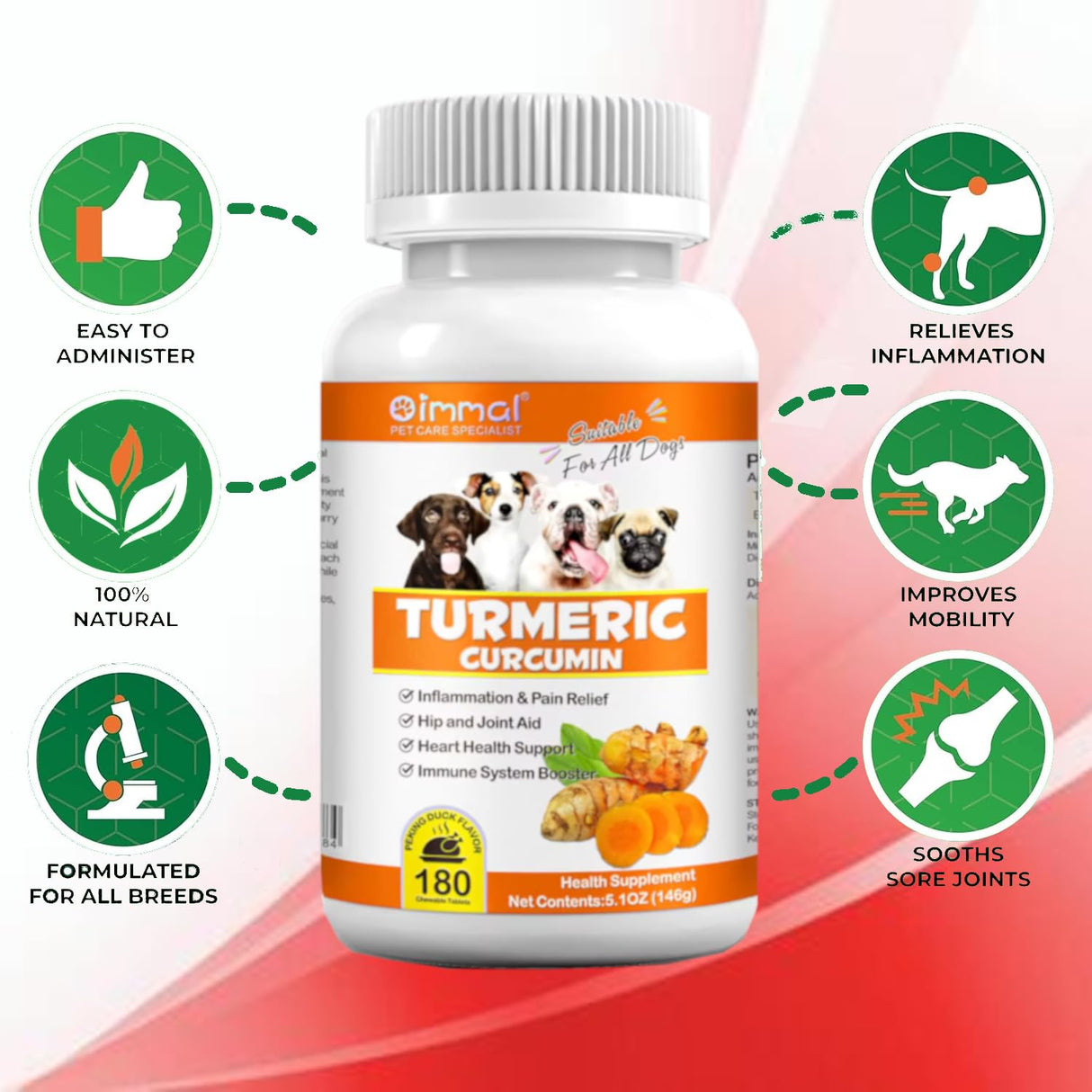 Turmeric for Dogs – 180 Count Tablet Treats with Curcumin & Piperine – Joint Health, Mobility, Allergy & Itch Relief, Skin & Coat, Hot Spots – Duck Flavor with Salmon Oil