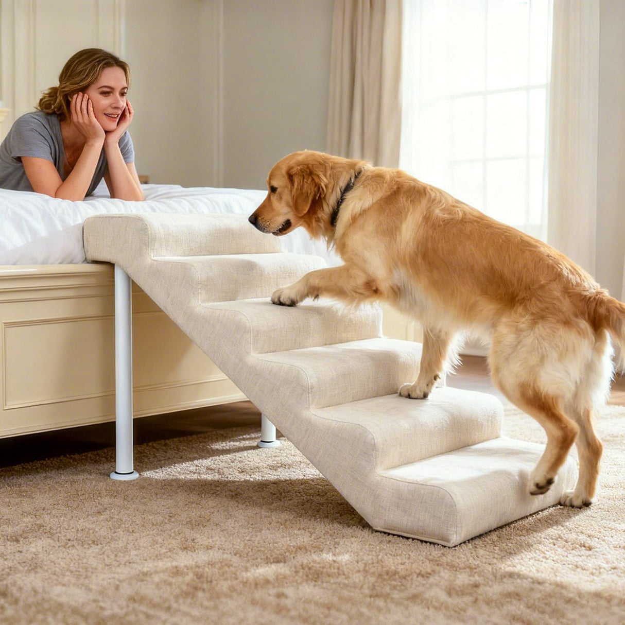 Homfstyi Leather Dog Stairs, 19.7" Extra Wide Dog Steps for Bed & Sofa, Adjustable Height 22.44"-32.28” Pet Ramp for Small to Large Dogs, Holds Up to 150 lbs(6-Step)
