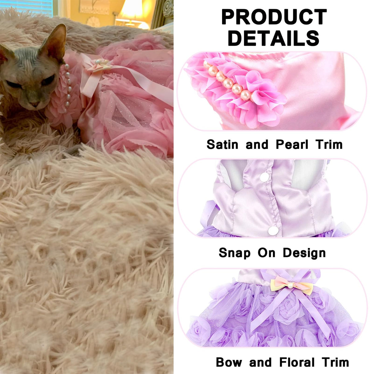 SMALLLEE_Lucky_Store Pet Small Dog Wedding Dress with Bowknot Birthday Party Costume Satin Rose Pearls Girl Formal Dress Cat Tutu Pink, Medium