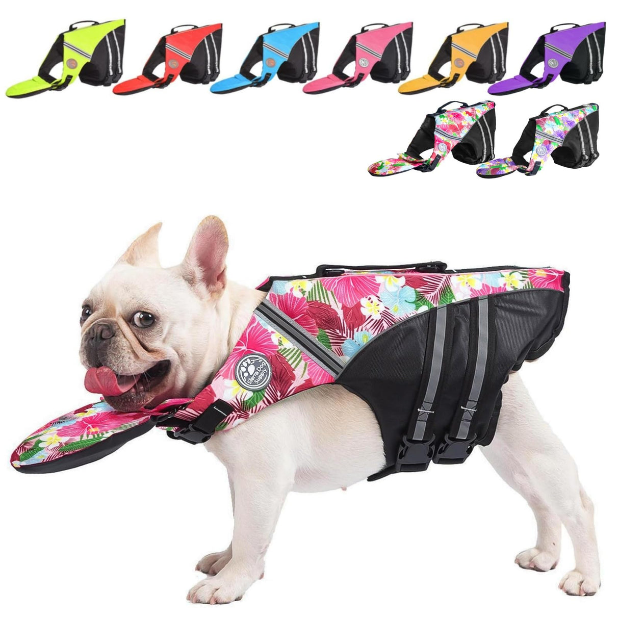 Dog Life Jacket, French Bulldog Life Vest for Swimming Boating, Dog Swim Vest with Chin Float and Rescue Handle, High Flotation Puppy Life Jackets (Chest Girth: 17" to 30", Weight: 17" to 28" LB)