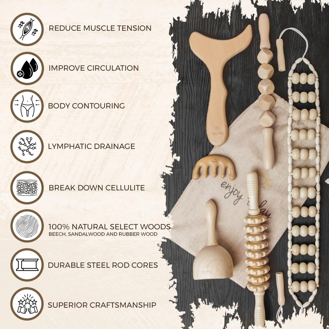 Enjoy Today 6 Pc Professional Solid Wood Therapy Massage Tools with Instruction Guide. Maderoterapia Kit with Lymphatic Drainage Massager, Cellulite Massager and Cupping Kit for Massage Therapy,