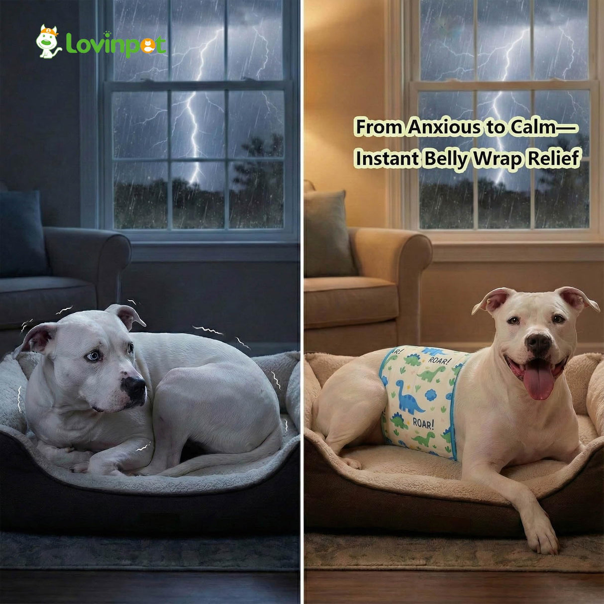 LovinPet 3-Layer Dog Belly Warmer Calming Wrap, Adjustable Abdominal Protector for Medium and Large Dogs, Anti-Chafe Moisture Barrier, Memory-Foam Core + Mesh Lining, Dinosaur Print,White