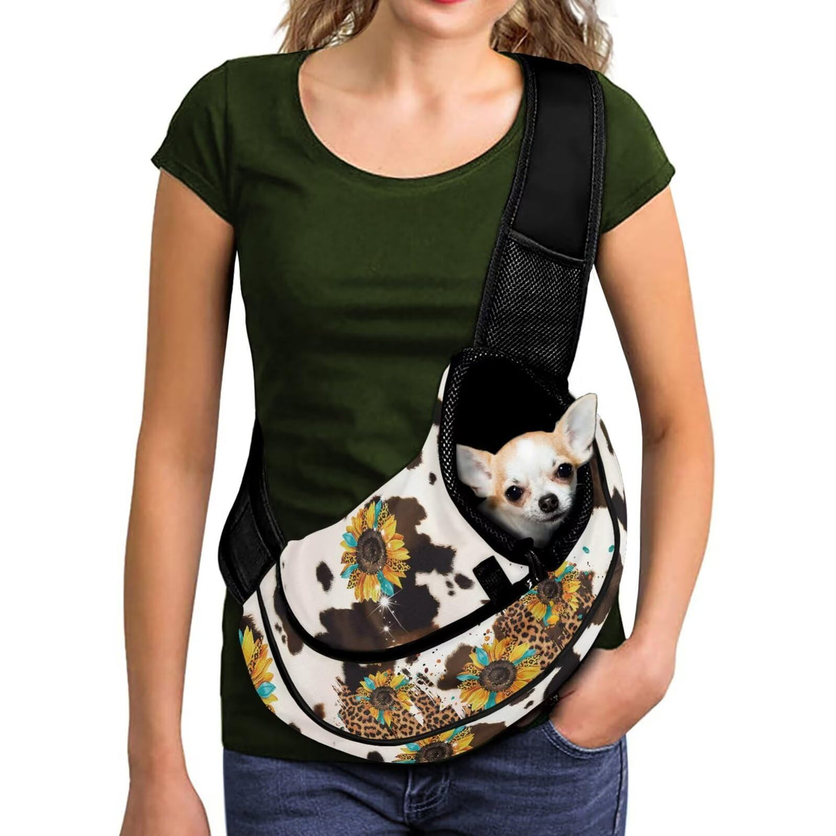 Snilety Sunflower Pet Sling Carrier for Small Dogs Cats Cow Print Cat Sling Carrier Breathable Puppy Carriers for Travel Walk Hands Free Cat Crossbody Shoulder Bag