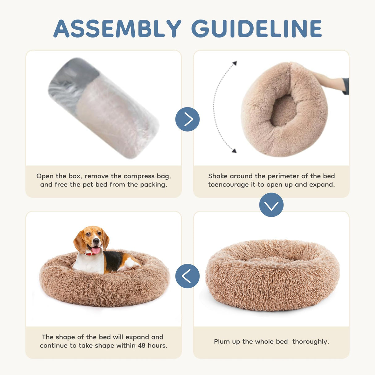 DUMOS 37.4x37.4 Inch Calming Donut Dog Beds for Large Dogs, Machine Washable Cuddler Warming Cozy Fluffy Faux Fur Plush Round Pet Bed Medium Sized Bed for Indoor Dogs and Cats, Brown