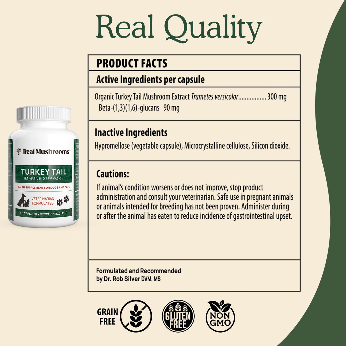 Real Mushrooms Turkey Tail Capsules for Pets –Cat Probiotics & Dog Vitamins – Organic Mushroom Supplement for Dogs & Cats – Supports Daily Balance & Well-Being Non-GMO, 90 ct